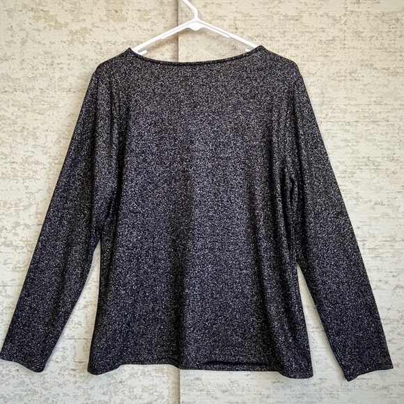 Talbots Black Silver Shiny Sparkly Long Sleeve Top Sz L Stretchy Comfortable - Picture 10 of 14